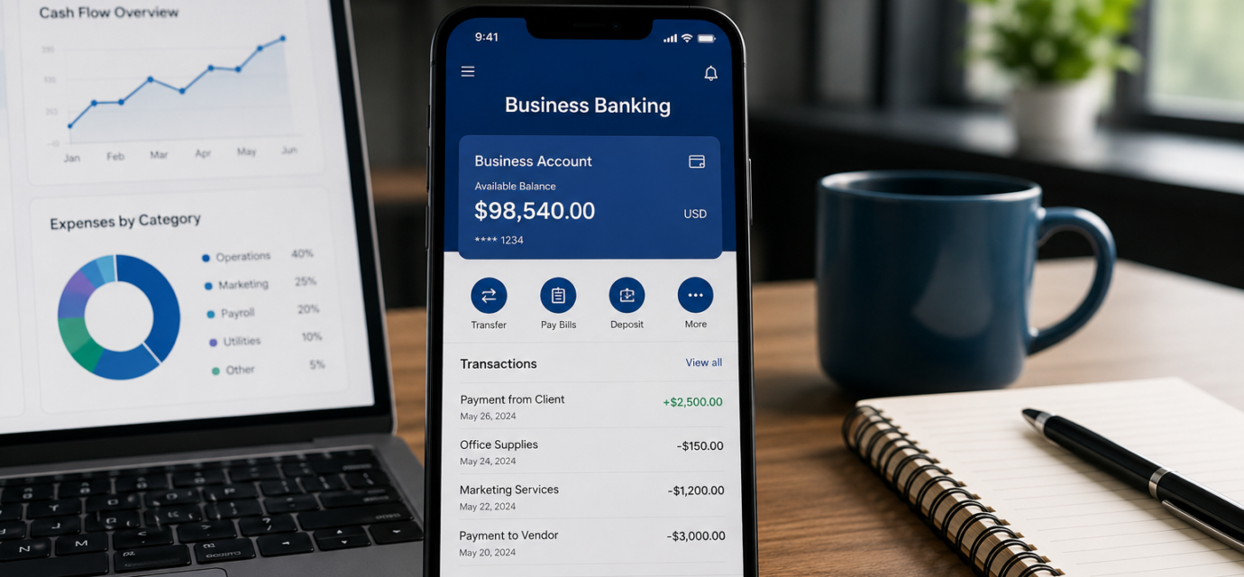 Business owner using a banking app to manage small business finances on a smartphone with a laptop dashboard.