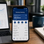 Business owner using a banking app to manage small business finances on a smartphone with a laptop dashboard.