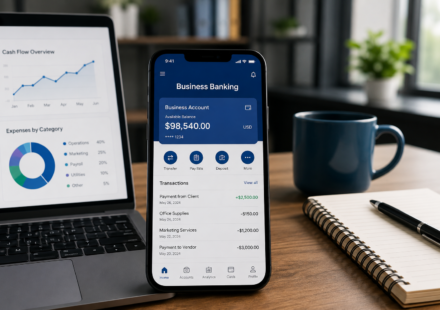 Business owner using a banking app to manage small business finances on a smartphone with a laptop dashboard.