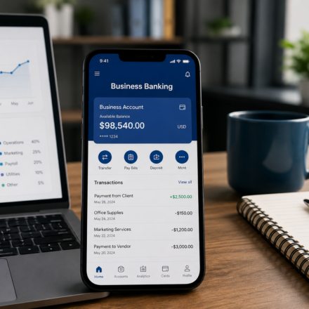 Business owner using a banking app to manage small business finances on a smartphone with a laptop dashboard.