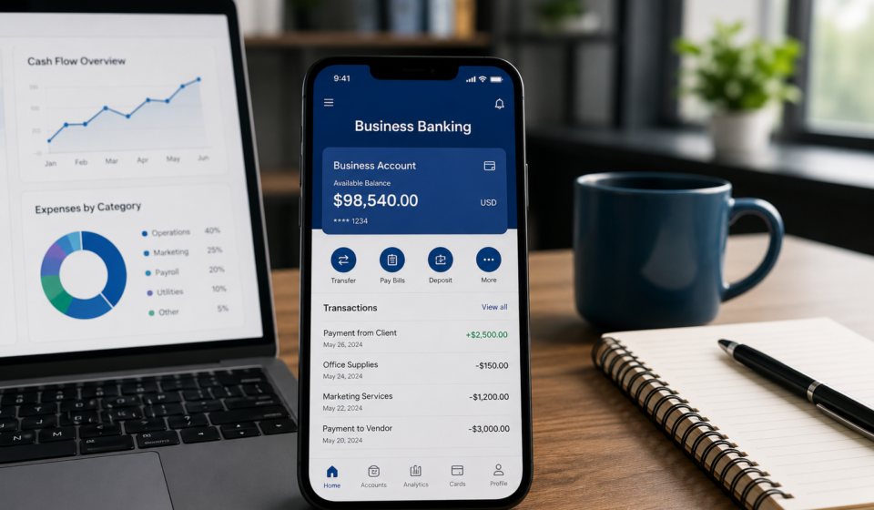 Business owner using a banking app to manage small business finances on a smartphone with a laptop dashboard.