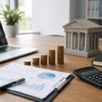 Business loan and line of credit financial planning with calculator, laptop, documents, and growing stacks of coins.