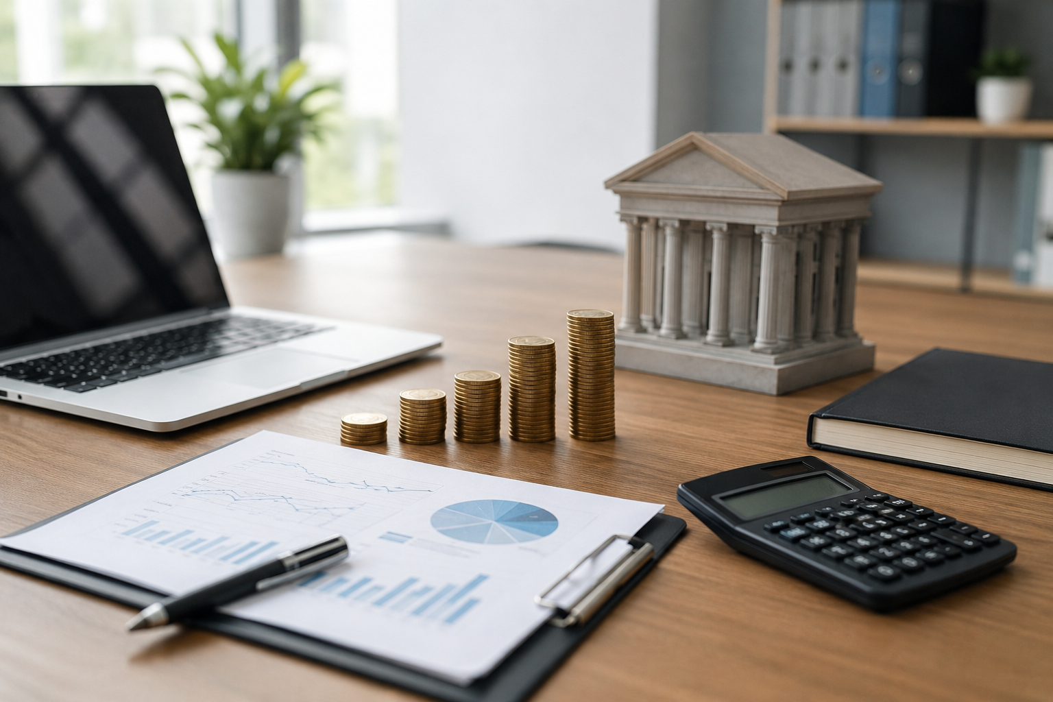 Business loan and line of credit financial planning with calculator, laptop, documents, and growing stacks of coins.
