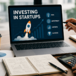 Investor analysing startup investment opportunities online using financial charts and business growth data.