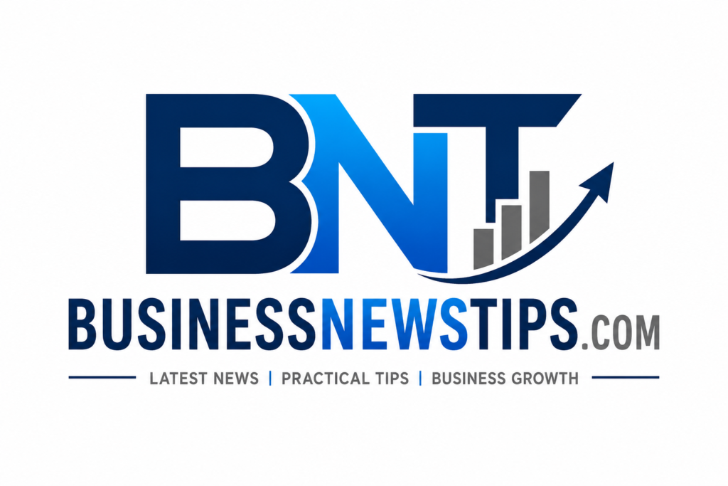 Modern BusinessNewsTips.com logo featuring bold BNT initials in blue gradient with an upward growth arrow and bar chart icon on a clean white background.