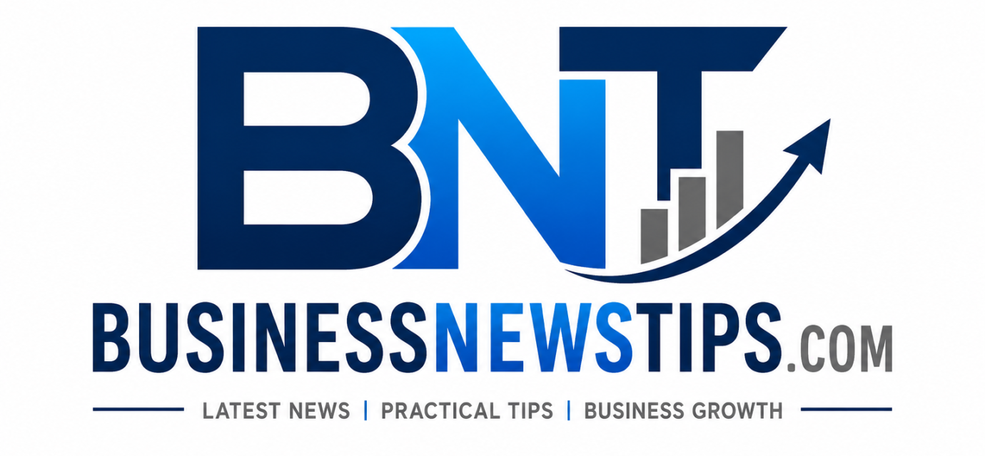 Modern BusinessNewsTips.com logo featuring bold BNT initials in blue gradient with an upward growth arrow and bar chart icon on a clean white background.
