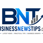 Modern BusinessNewsTips.com logo featuring bold BNT initials in blue gradient with an upward growth arrow and bar chart icon on a clean white background.