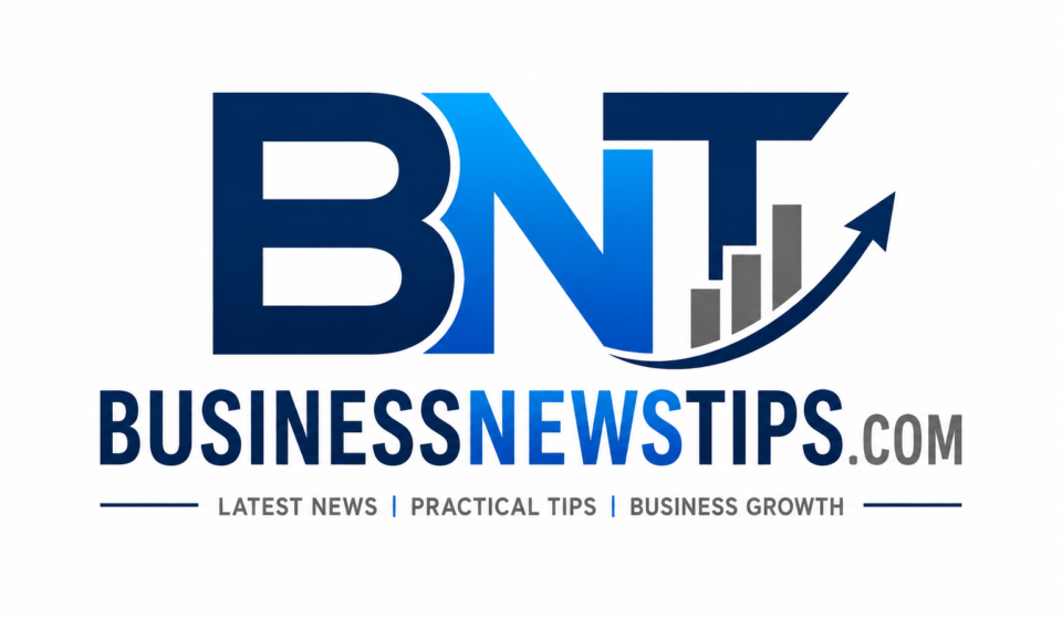Modern BusinessNewsTips.com logo featuring bold BNT initials in blue gradient with an upward growth arrow and bar chart icon on a clean white background.
