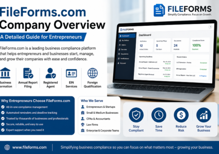 Business professional using FileForms compliance platform dashboard for company formation, annual reports, and business filing management.
