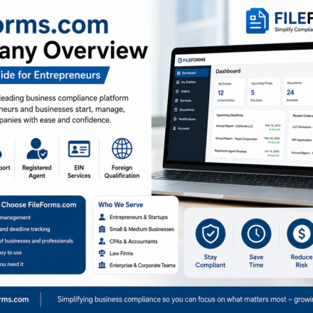 Business professional using FileForms compliance platform dashboard for company formation, annual reports, and business filing management.
