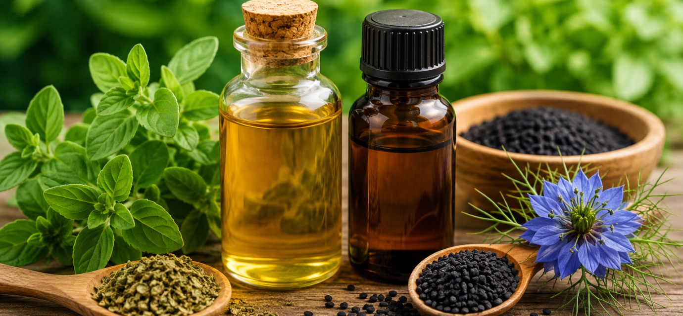 Glass bottles of oil of oregano and black seed oil with oregano leaves and black seeds on a wooden table.