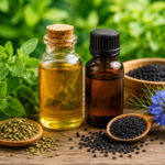 Glass bottles of oil of oregano and black seed oil with oregano leaves and black seeds on a wooden table.