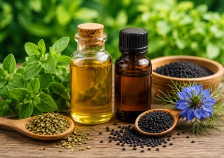 Glass bottles of oil of oregano and black seed oil with oregano leaves and black seeds on a wooden table.