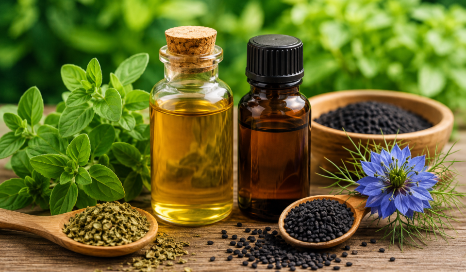 Glass bottles of oil of oregano and black seed oil with oregano leaves and black seeds on a wooden table.