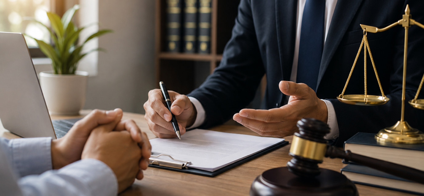 Small business owner consulting with a business lawyer in a professional office about contracts, legal compliance, and business protection.