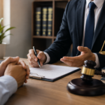 Small business owner consulting with a business lawyer in a professional office about contracts, legal compliance, and business protection.