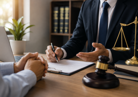 Small business owner consulting with a business lawyer in a professional office about contracts, legal compliance, and business protection.