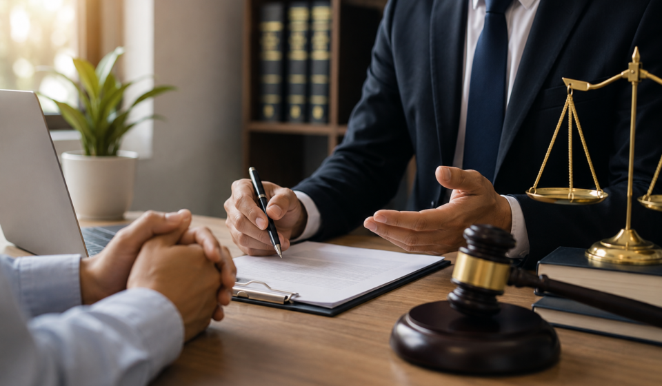 Small business owner consulting with a business lawyer in a professional office about contracts, legal compliance, and business protection.