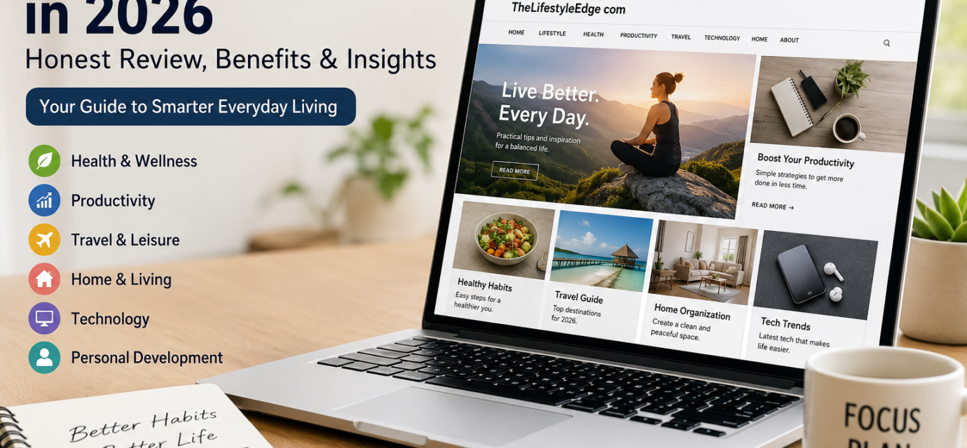 Laptop displaying TheLifestyleEdge com lifestyle website with wellness, productivity, travel, and personal development content on a modern workspace.
