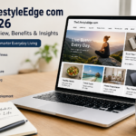 Laptop displaying TheLifestyleEdge com lifestyle website with wellness, productivity, travel, and personal development content on a modern workspace.