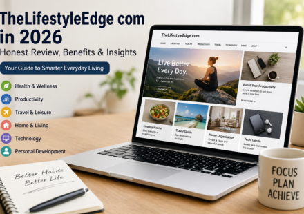 Laptop displaying TheLifestyleEdge com lifestyle website with wellness, productivity, travel, and personal development content on a modern workspace.