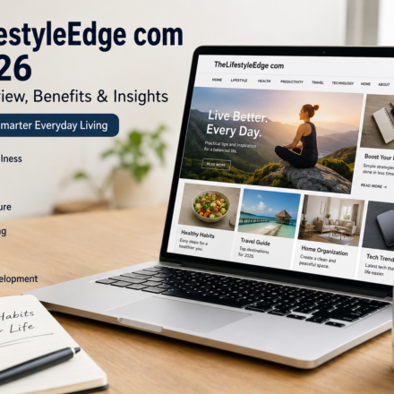 Laptop displaying TheLifestyleEdge com lifestyle website with wellness, productivity, travel, and personal development content on a modern workspace.