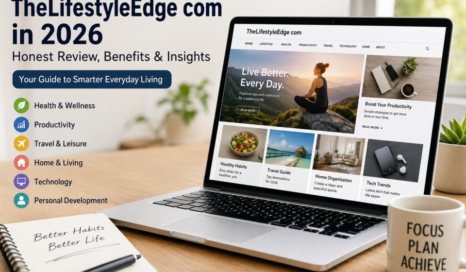 Laptop displaying TheLifestyleEdge com lifestyle website with wellness, productivity, travel, and personal development content on a modern workspace.