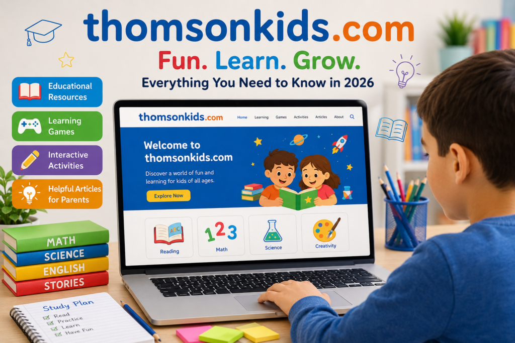 Child using an educational website on a laptop while learning with books, colorful study materials, and interactive digital lessons.