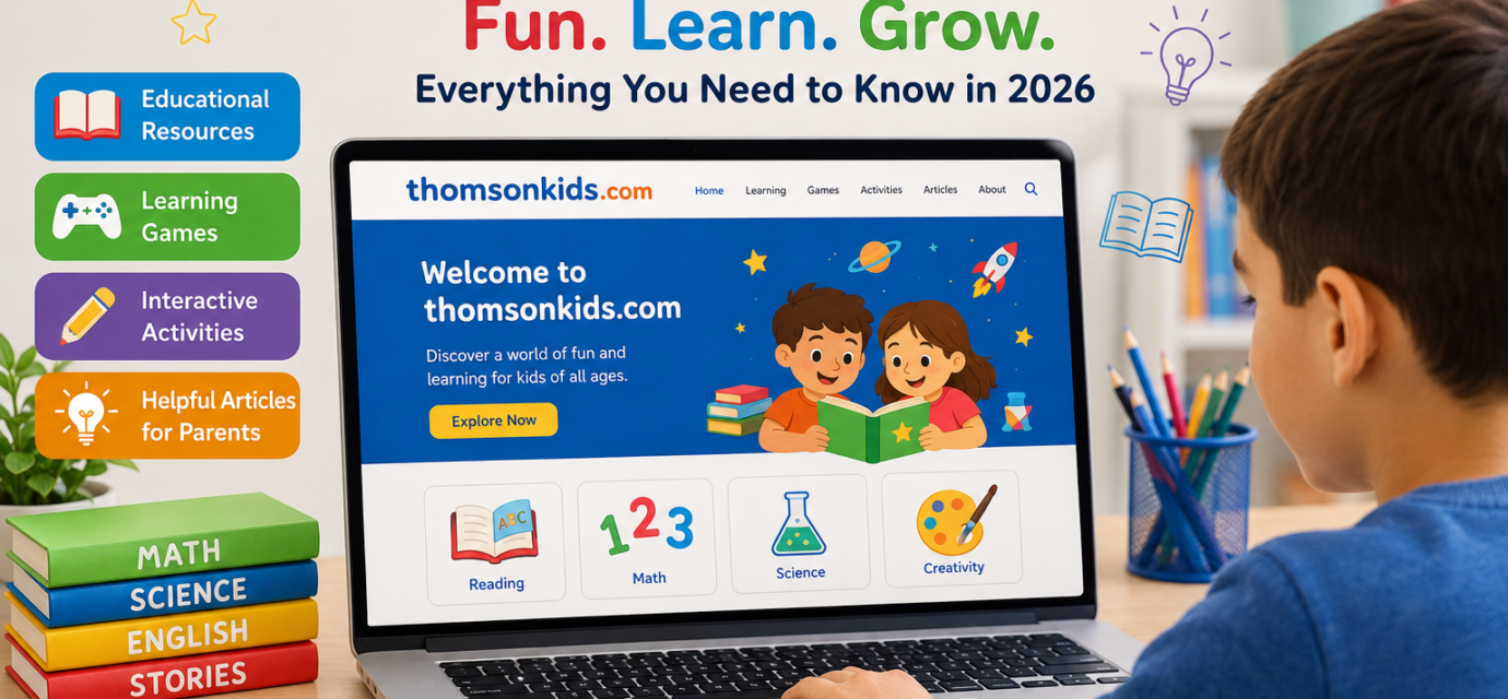 Child using an educational website on a laptop while learning with books, colorful study materials, and interactive digital lessons.