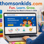 Child using an educational website on a laptop while learning with books, colorful study materials, and interactive digital lessons.