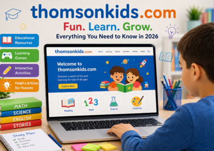 Child using an educational website on a laptop while learning with books, colorful study materials, and interactive digital lessons.