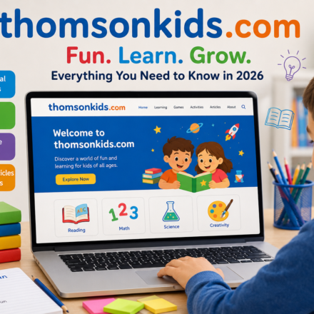 Child using an educational website on a laptop while learning with books, colorful study materials, and interactive digital lessons.