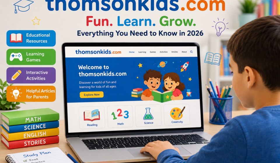 Child using an educational website on a laptop while learning with books, colorful study materials, and interactive digital lessons.
